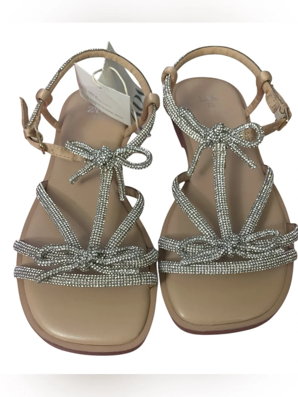 Zara Nude Sandals with Silver Rhinestone Bows Girl 13